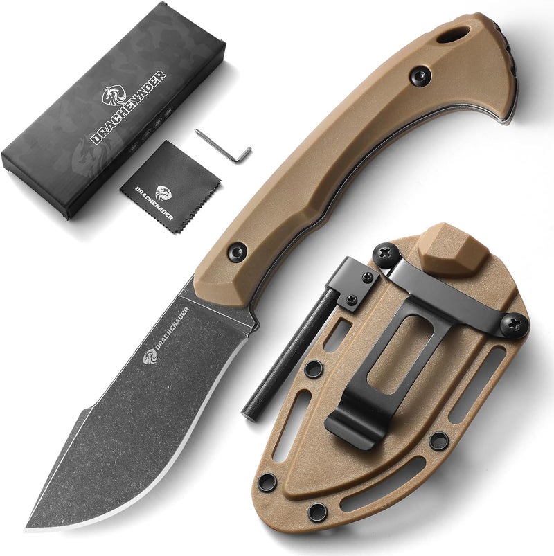 DRACHENADER Survival Knife with Fire Starter L-Y, 7.68" Full Tang Small Fixed Blade Knife with Belt Clip, Khaki + Stonewashed Black - Image 1